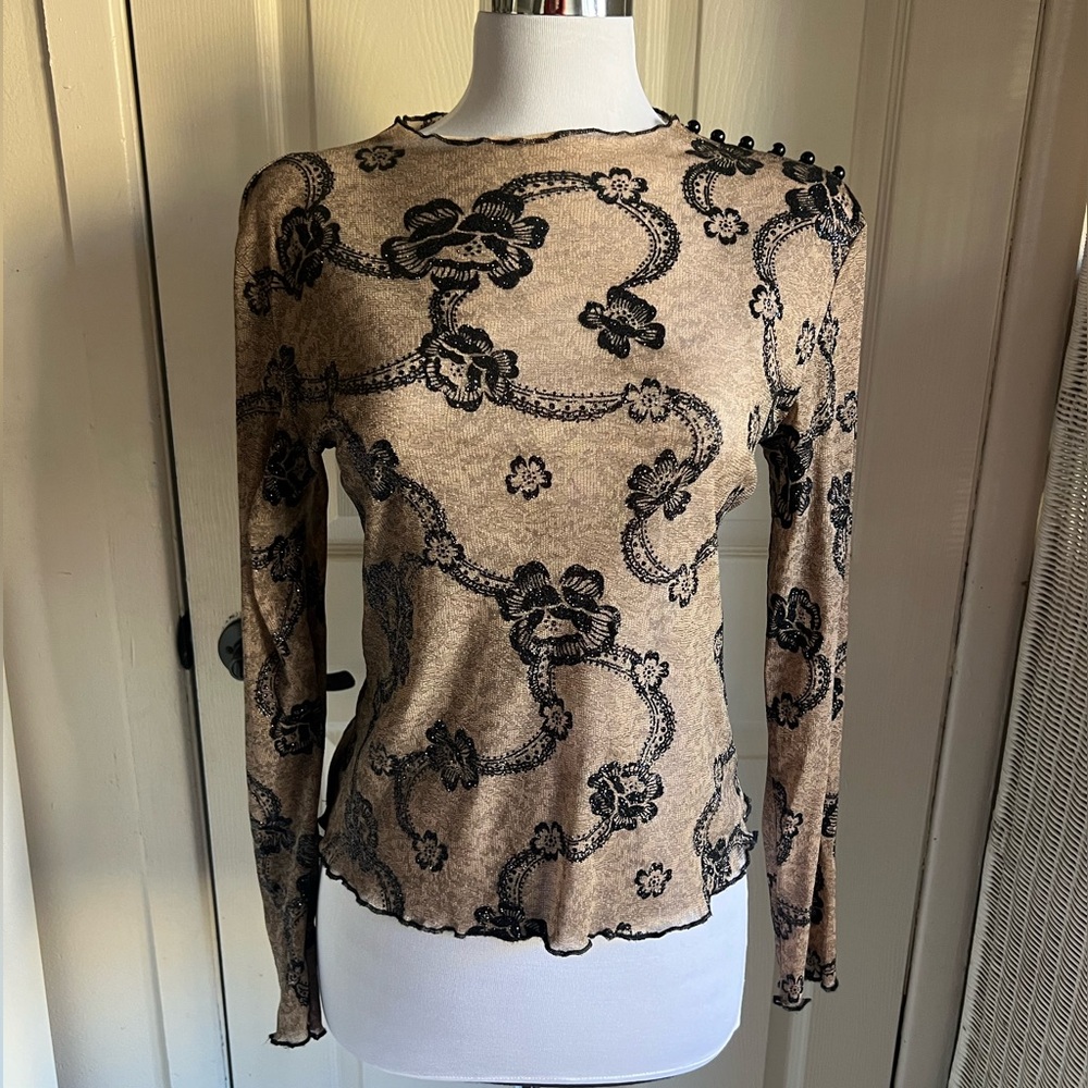 Newport News Tan and Black Lace Blouse